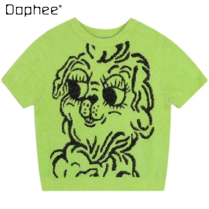 

2022 Spring New Cute Puppy Cartoon Short Sleeve Knitted T Shirt Furry Harajuku Round Neck Apple Green Short Knitwear Sweater