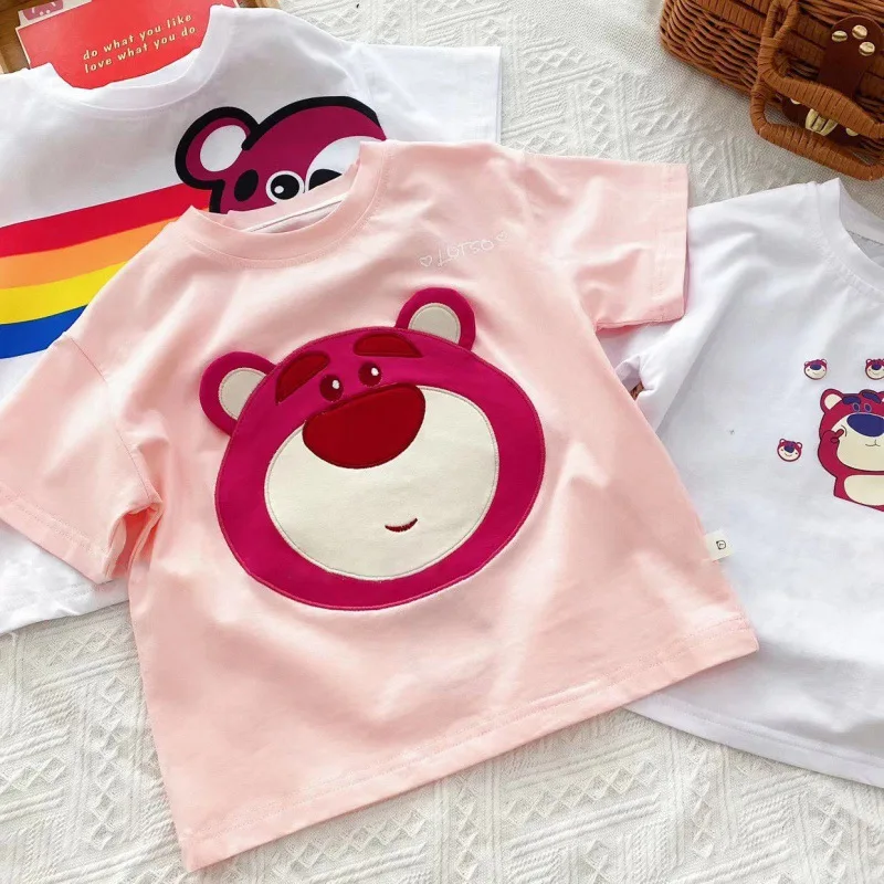 

Baby Boy Girls T-shirt 2022 Summer Stripe Cartoon Strawberry Bear Embroidery Cotton Top Tees Cute Kids Clothes Child T Shirt