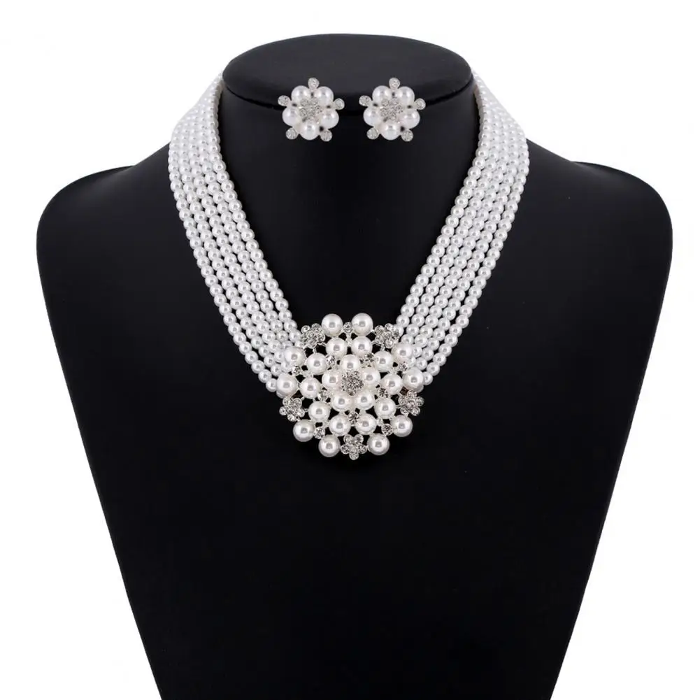 

Bridal Necklace Earrings Set Shiny Bright Luster Knotted Beaded Faux Pearl Flower Romantic Wedding Jewelry Sets for Women