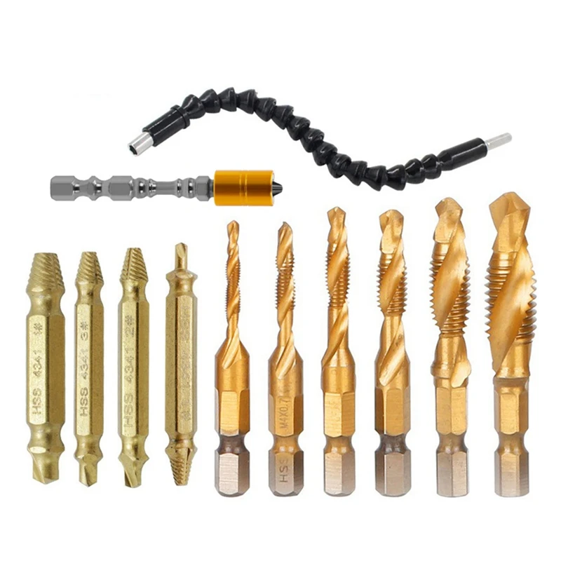 

12 Pcs Drill Bit Set Drill And Tap Sets Hss Hex Shank Bit Flexible Shaft Broken Screw Extractor Power Tool Accessories