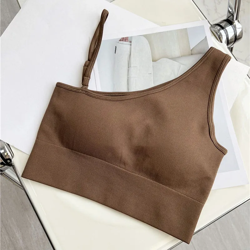 Sexy One Shoulder  Padded Yoga Sports Running Bras Women seamless Gathering Longline Bra Workout Fitness Gym Crop Tops