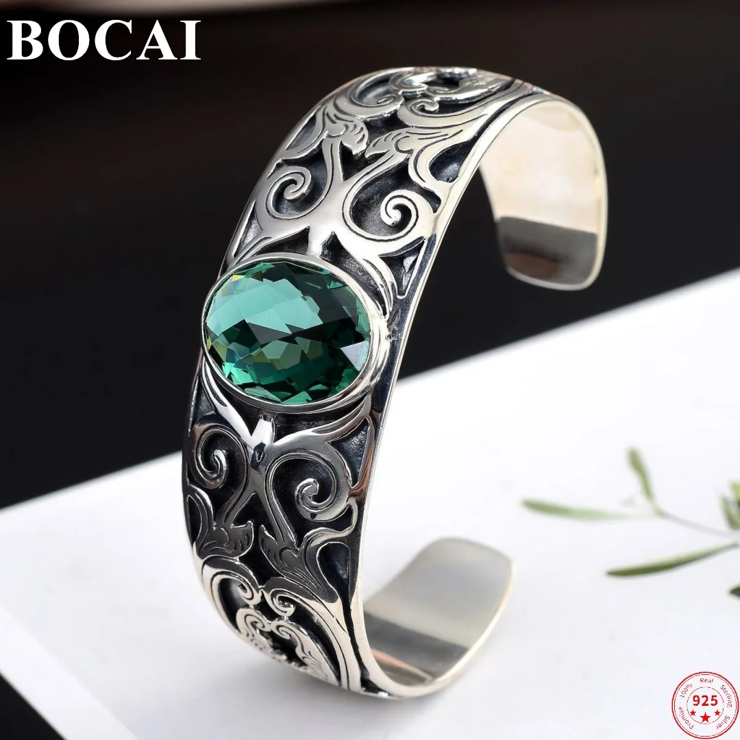 

BOCAI 2022 Trendy S925 Sterling Silver Bracelets Palace Eternal Vine Totem Green Crystal Pure Argentum Fashion Bangle for Women