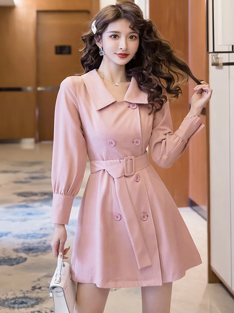 

Женское двубортное платье-Блейзер, элегантное весеннее розовое платье-трапеция мини с отложным воротником и поясом, 2023