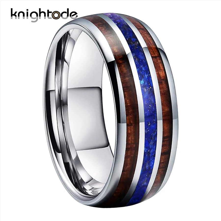 

4 Color 8mm Tungsten Steel Rings For Men Anniversary Wedding Band Blue-Turquoise Koa Wood Inlay Dome Polished Comfort Fit