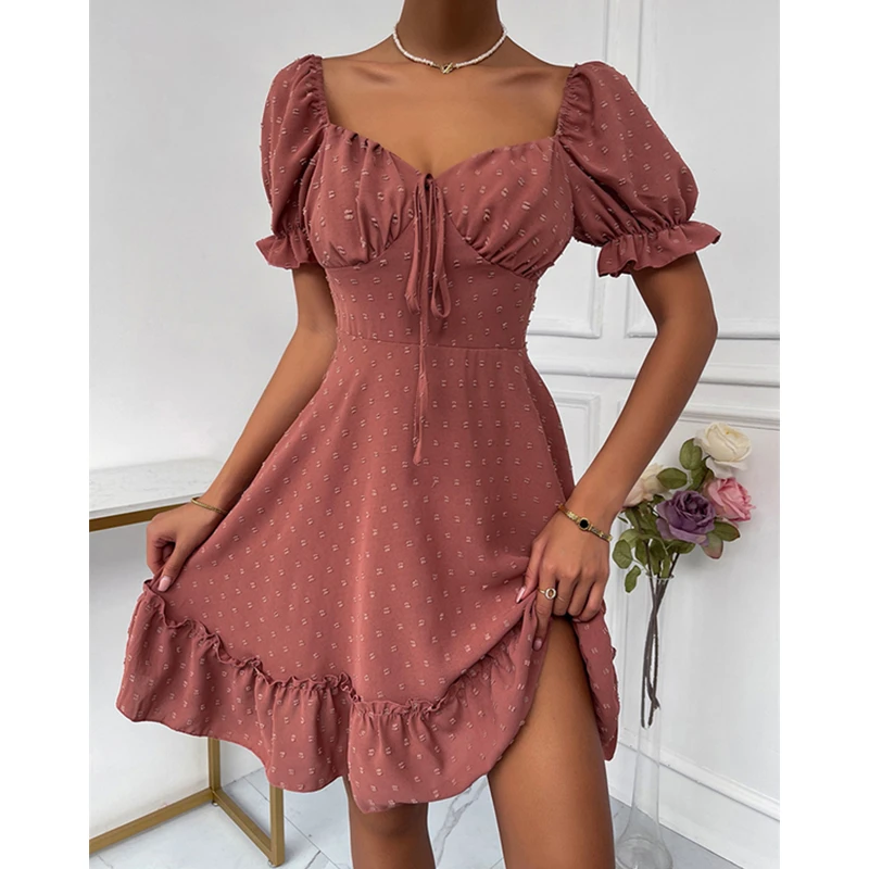 

Summer Casual Beach Dress Women Short Sleeve Tie-up Low Cut Neck Jacquard Dot Mini Dress with Ruffles Hem Party Holiday Clothing