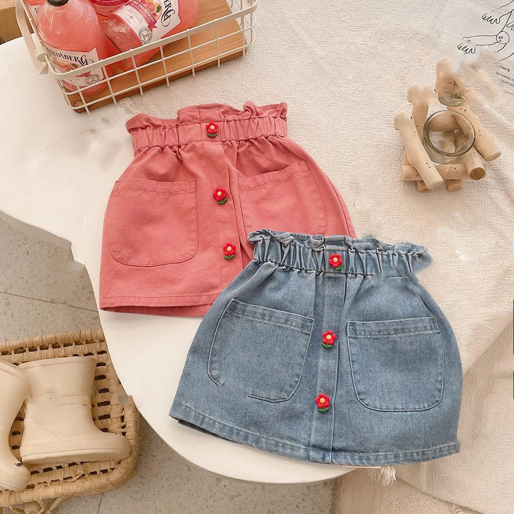 All-Match Girl'S A-Line Denim Skirt Spring And Summer New Clothes Baby Flower Button Denim Skirt Children'S Princess Short Skirt