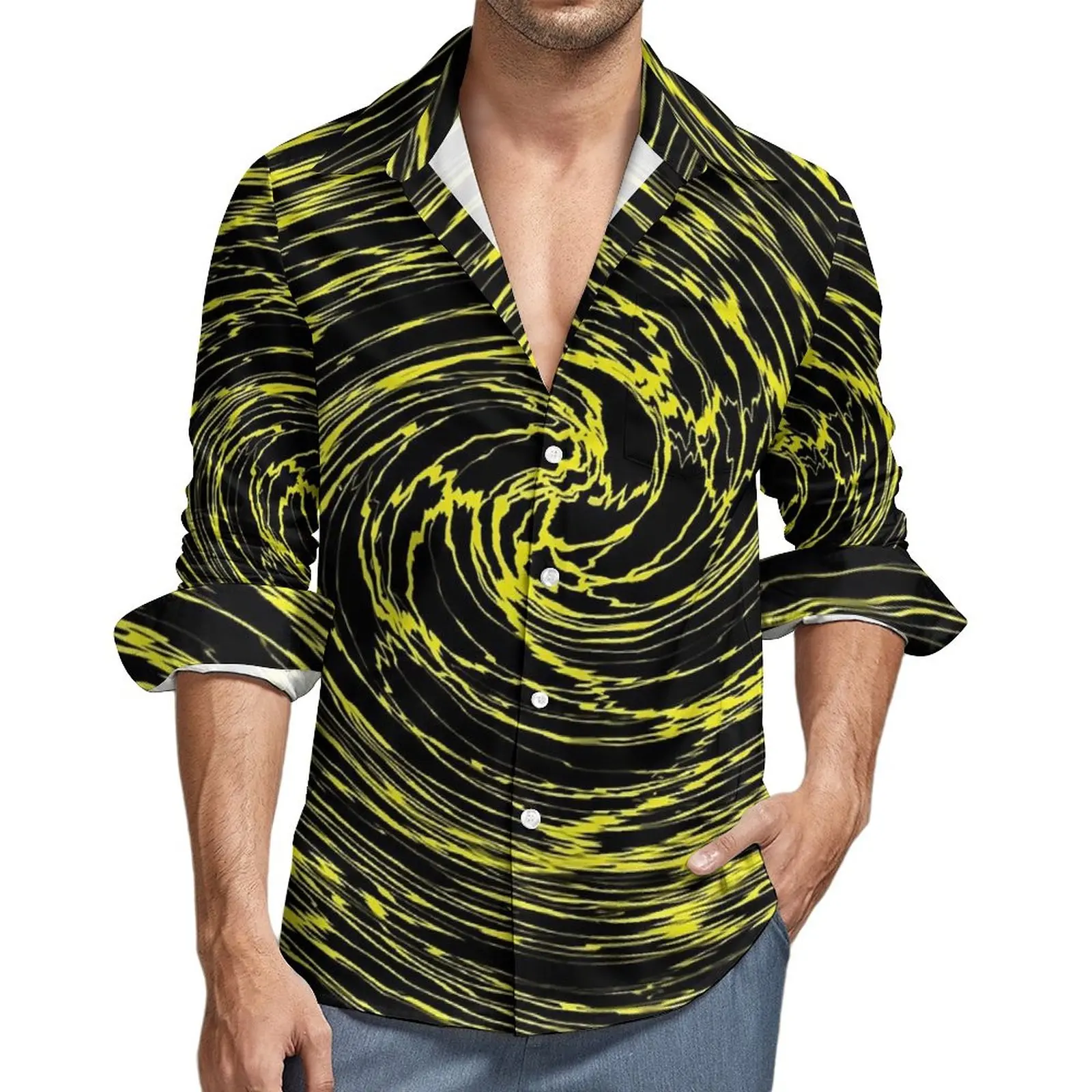 

Мужская Повседневная рубашка с мелким водным принтом, желтая рубашка с вортексом, Весенняя Новинка, блузы с длинным рукавом, дизайнерская одежда большого размера