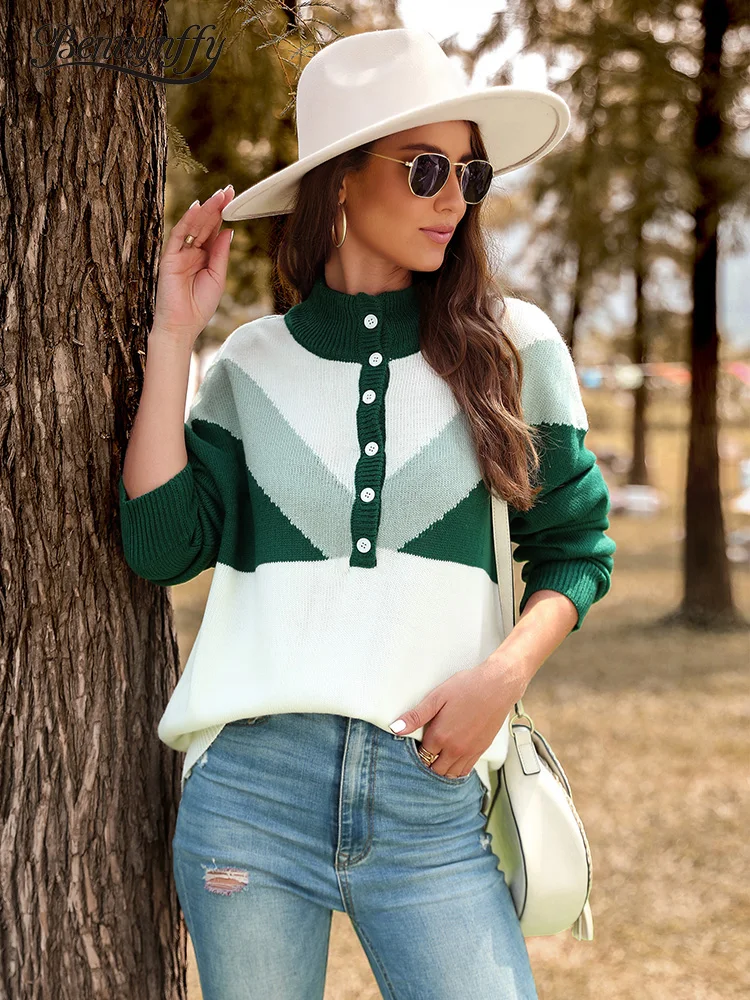 

Benuynffy Stand Collar Half Button Color Block Sweater Women Fashion Korean Autumn Winter Loose Knitted Pullovers And Sweaters