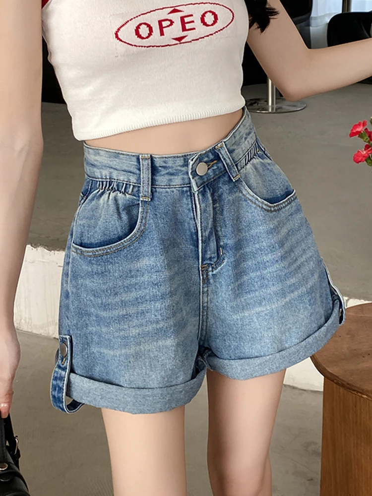 New Spring Summer Women Retro Loose Elastic Waist Blue Denim Shorts Streetwear Female Wide Leg Button Jeans Shorts