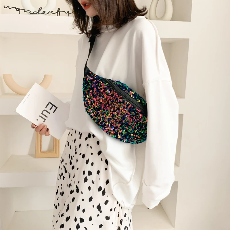 

Модные поясные сумки для женщин, забавные женские вместительные повседневные кошельки на ремне с блестками, нагрудные сумочки через плечо для женщин