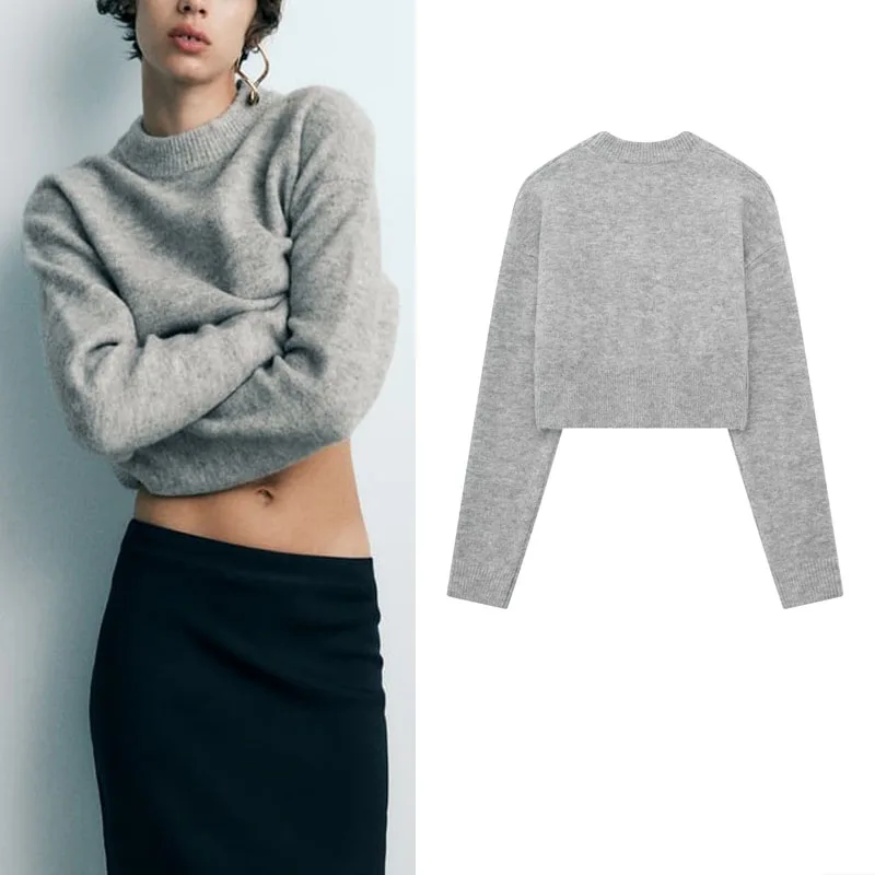 

TRAF 2023 Gray Cropped Sweater Women Casual Loose Round Neck Knit Pullover Woman Vintage Long Sleeve Rib Trim Short Sweaters