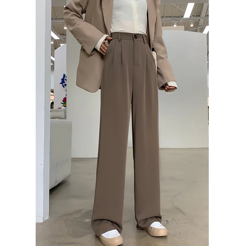 

Ladies casual solid color straight-leg suit trousers solid color brown outdoor pants 2022 women clothing
