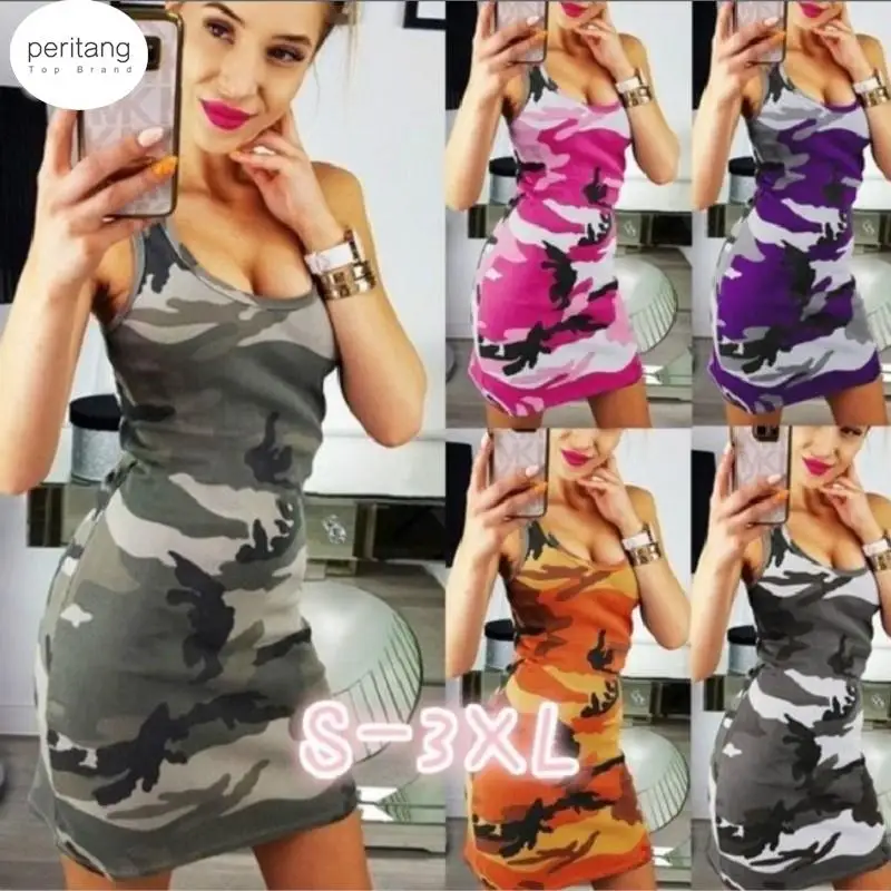 

Новинка 2023, женские камуфляжные майки с принтом, облегающие платья без рукавов и бретелек, летнее праздничное пляжное мини-платье