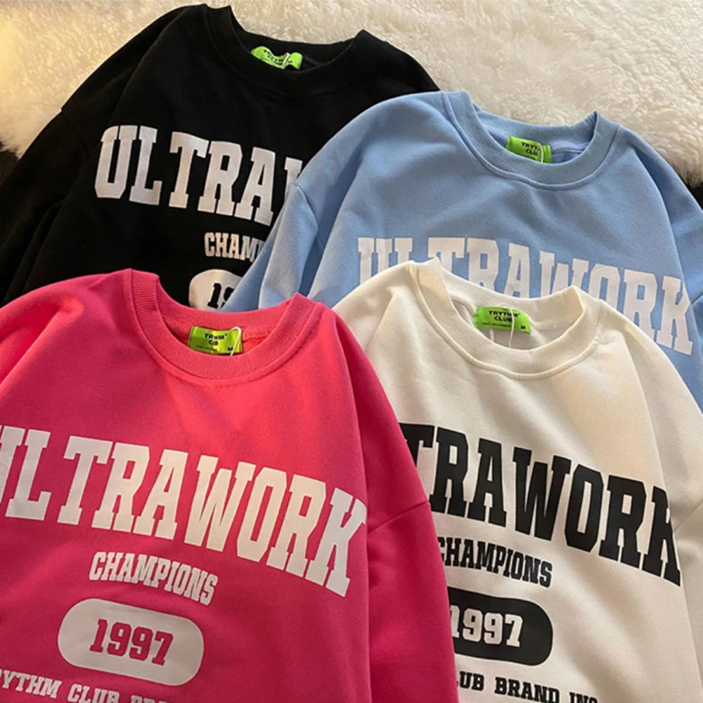 

Women Spring Autumn New Fashion Lapel Cotton Ladies Korean Loose Sweatshirt Letter Printing Casual Pullover O-Neck Hoodless Top