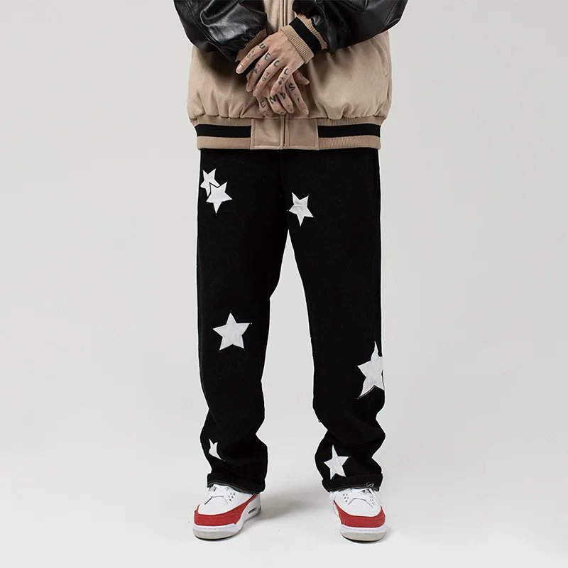 Four Seasons Men's Retro Hiphop Five-pointed Star Embroidered Standard Jeans Trend High Street Loose Straight Pants Ins Hot Sale
