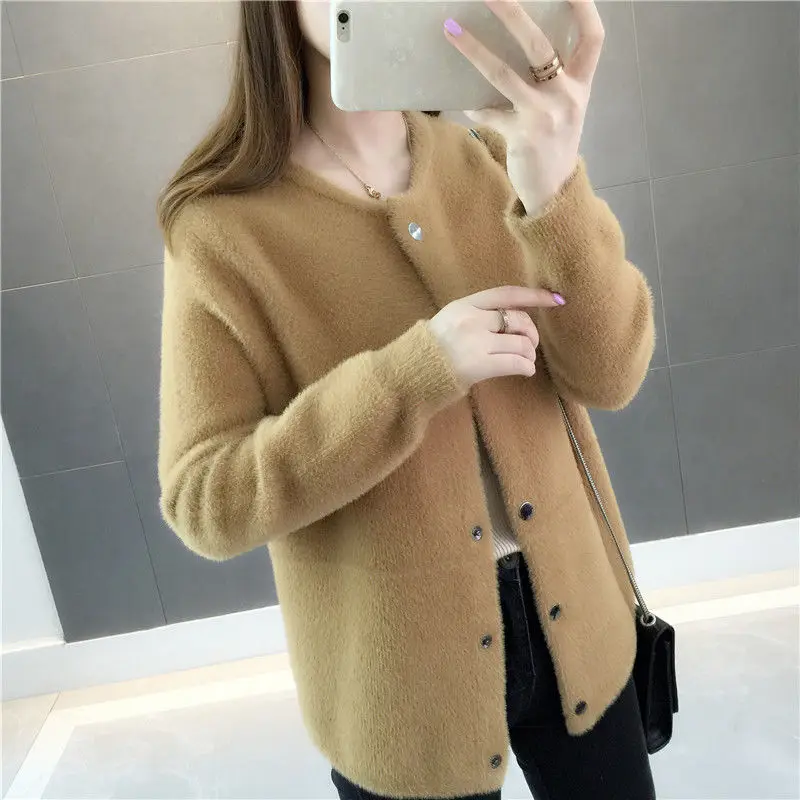 2023 New Women's Autumn Winter Loose Velvet Sweater Coat Hairy Soft Long-sleeved Mink Fur Cardigan Jackets White Black Red Khaki
