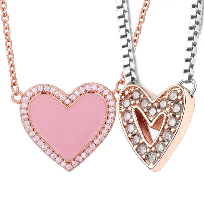 

Original 925 Sterling Silver Rose Pink Swirl Sparkling Freehand Heart Collier Necklace For Popular Bead Charm DIY Jewelry