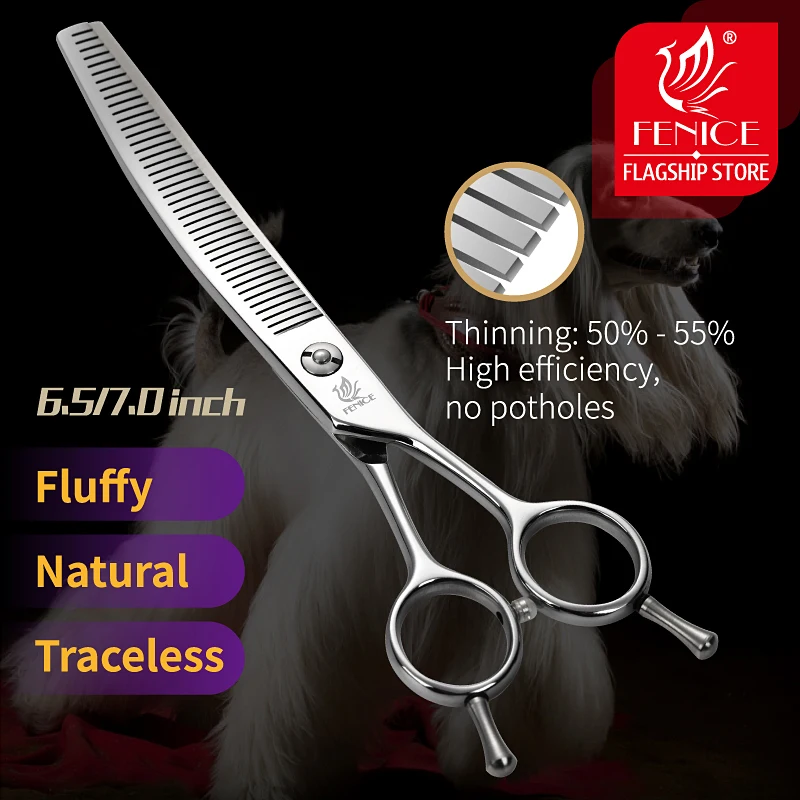 

Fenice 6.5/7 inch curved thinning scissors pet dog grooming shears Bichon dog scissors fluffy traceless thinning rate 50-55%