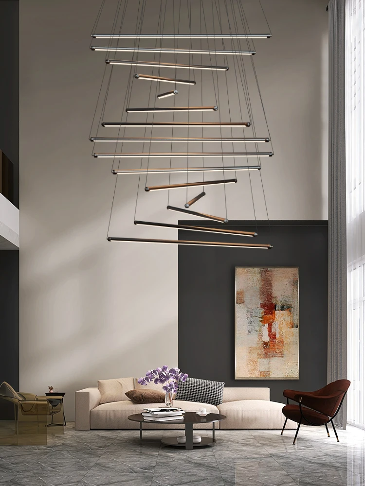 

Modern minimalist LED staircase long chandelier Nordic creative rectangular villa chandelier Nordic luxury loft living room lamp