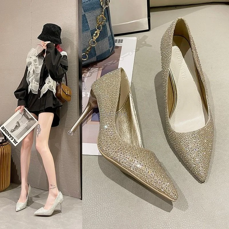 

Женские туфли на высоком каблуке, золотистые/Серебристые туфли-лодочки, привлекательные модные роскошные туфли для свадьбы и вечеринки, ве...