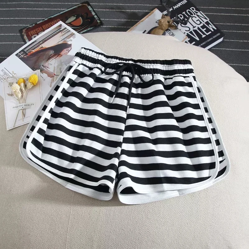 Casual Black White Striped Sports Shorts For Womens Clothing Summer Drawstring Home Shorts Yoga Loose Wide Leg Hot Pants AC362