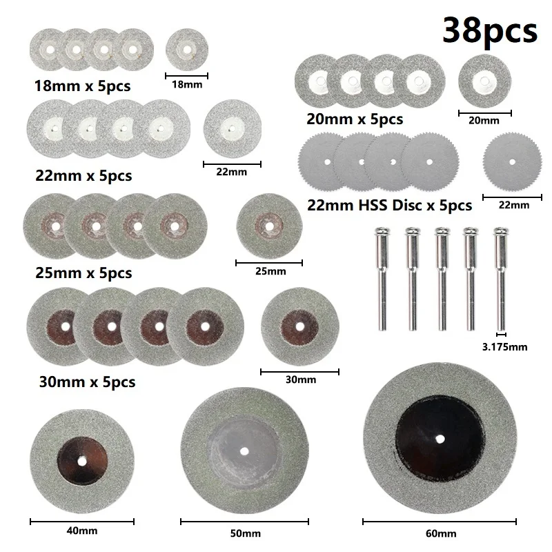 

38pcs Diamond Saw Blade Set 18/22/25mm Diameter Cutting Wheels for Dremel Metal Cutter Wood Cutting Disc Tools