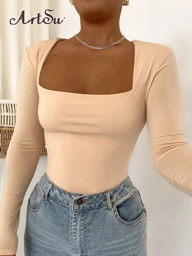 

ArtsuElegant Fashion Square Collar Long Sleeve Women Tops Outfits Spring Autumn Casual Tops Basic Streetwear Clothes