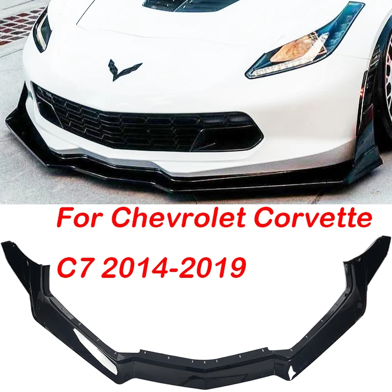 Фото Передний бампер автомобиля для губ и боковые крылышки для Chevrolet Corvette C7 2014-2019, спойлер, сплиттер, карбоновый стиль/глянцевый черный №1