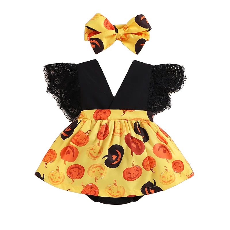 

Infant Baby Girl Halloween Flying Sleeve Kids Romper Bow Headband Pumpkin Print Lace Flowers Holiday Children's Clothing Set