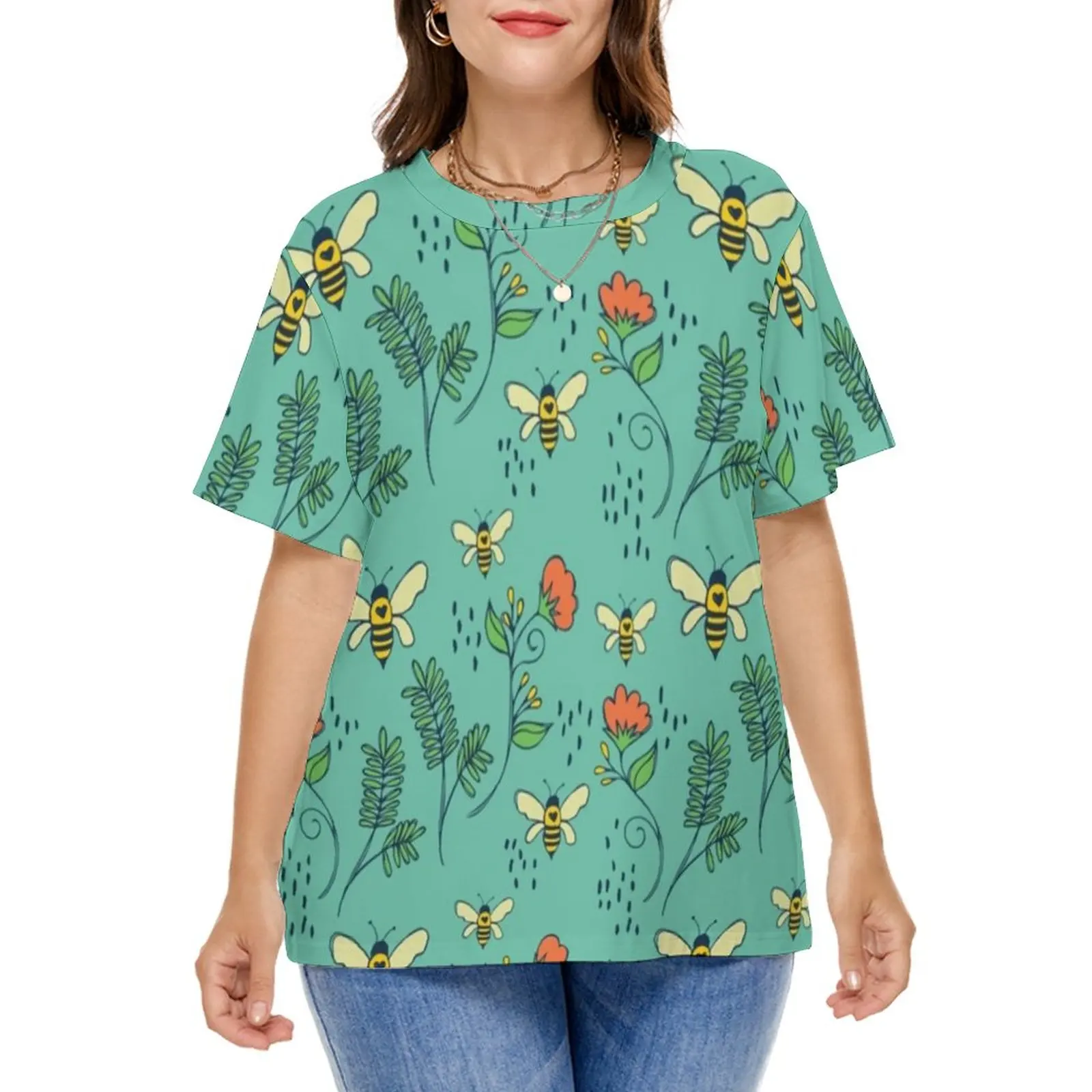 

Cute Flying Bees T-Shirts Red Floral Print Street Fashion T-Shirt Short Sleeve Funny Tee Shirt Plus Size 7XL Summer Graphic Tops