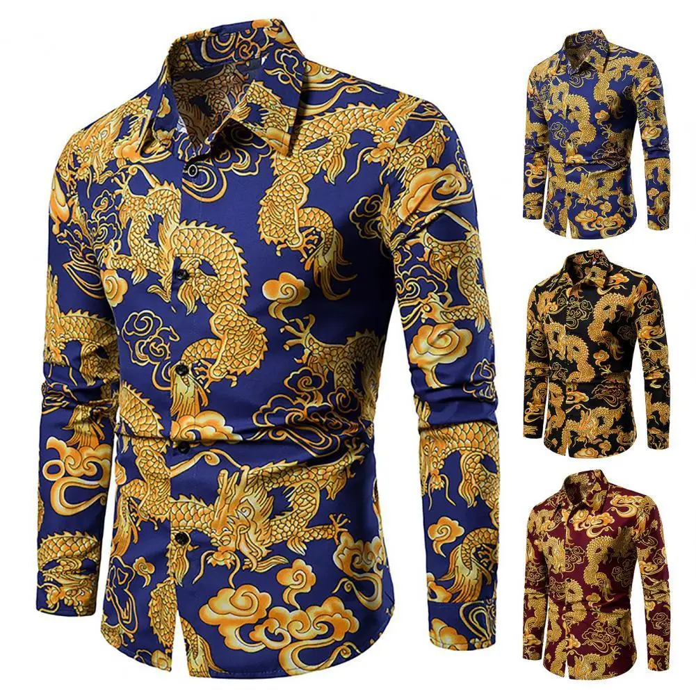 

Men Shirt Chinese Style Mighty Dragon Print Turn-down Collar Spring T-Shirt for Daily Wear
