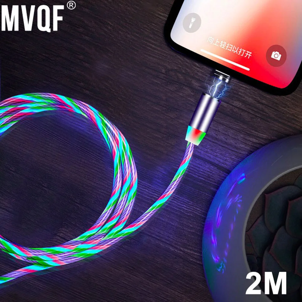 

MVQF 2M Magnetic Flow Luminous Lighting Charging Mobile Phone Cable Cord Charger Wire For Iphone 14 Samaung LED Micro USB Type C