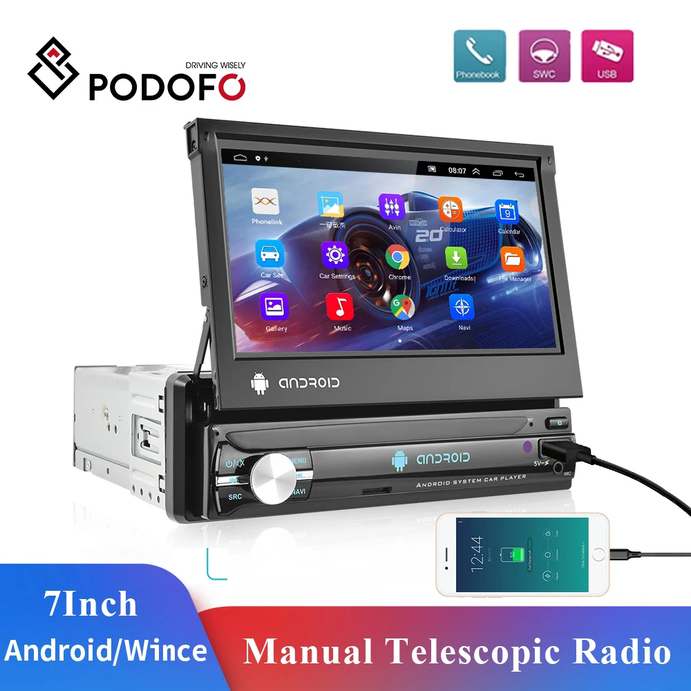 Podofo Android 1Din Car Radio Touch Screen 7“ Retractable Screen GPS FM Stereo Receiver Auto MP5 Multimedia Player Car Autoradio