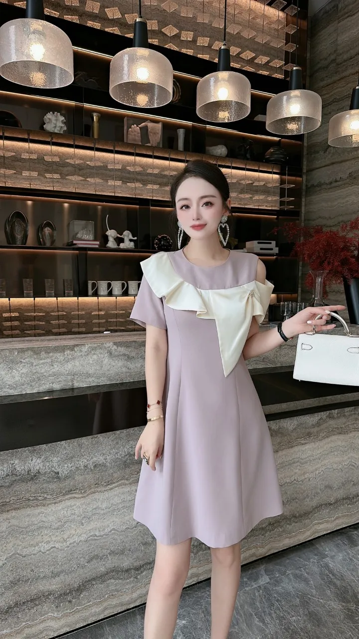 

2023 spring and summer women's clothing fashion new Bow Ruffled Contrast Color A- line Dress 0526