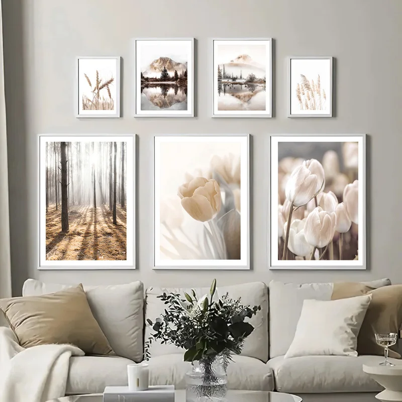Nordic Beige Landscape Poster Flowers Plants Sunshine Reed Fog Picture Human Body Line Wall Art Bedroom Living Room Home Decor