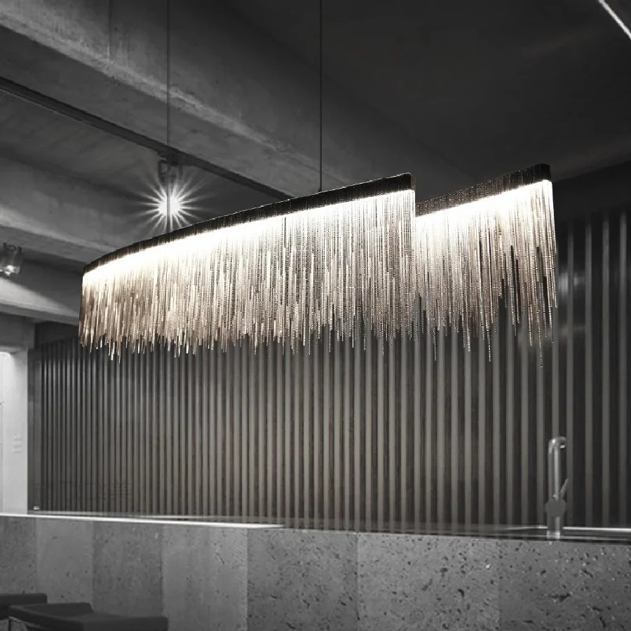 

Современная светодиодная Серебряная Люстра с кисточками для гостиной, скандинавский роскошный отель, алюминиевая цепь, потолочные подвесн...