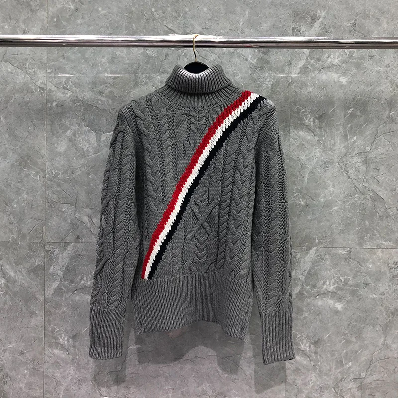 

THOM Sweater Autunm Winter Male Fashin Brand Clothing Merino Wool Diagonal RWB Stripe Turtleneck Gary TB Sweaters