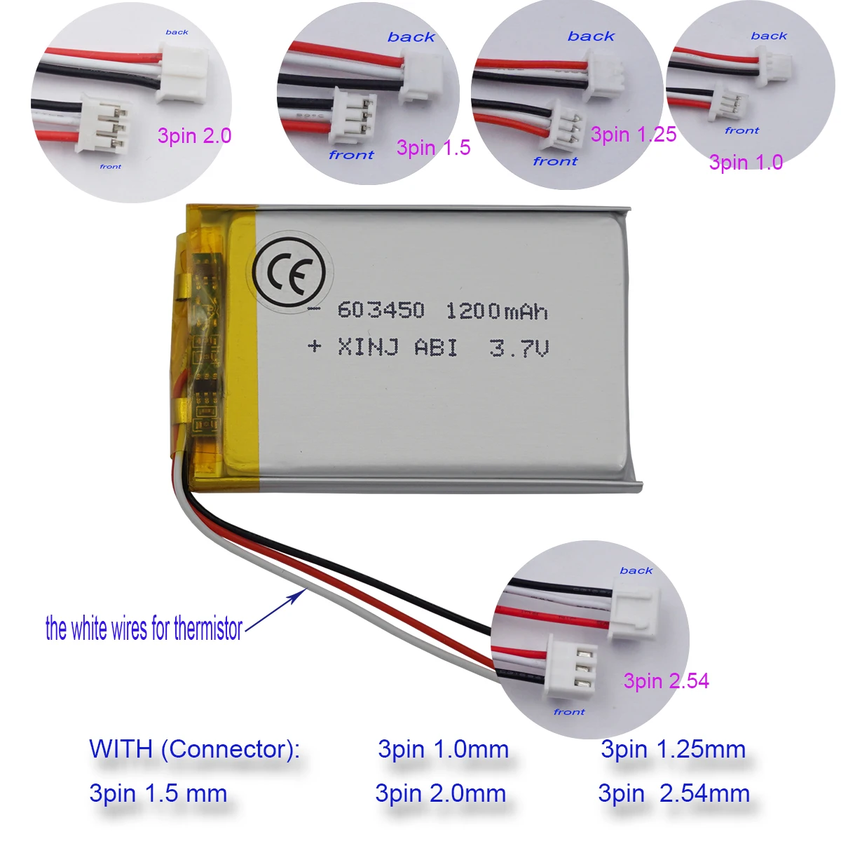 

3.7V 1200 mAh 603450 Polymer Li Lipo Battery Thermistor 3 Wires JST 3pin 1.0/1.25/1.5/2.0/2.54mm For Sat Nav Camera Music Player