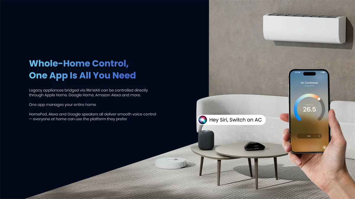 Фото Умный домашний хаб Broadlink Matter RM MAX с Wi-Fi и BLE, универсальный пульт для устройств IR/RF, телевизоров, кондиционеров, вентиляторов, жалюзи, совместимый с HomeKit, Alexa, Google. №5
