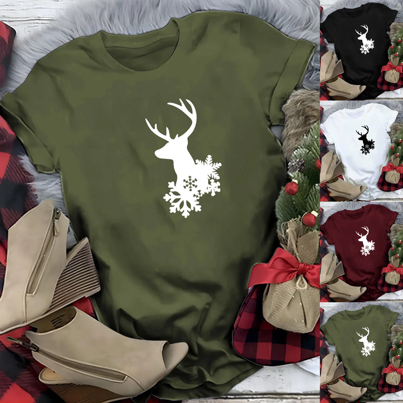 

Женские компрессионные рубашки с коротким рукавом, повседневная забавная женская блуза с круглым вырезом, принтом снежинок, оленей, для пла...