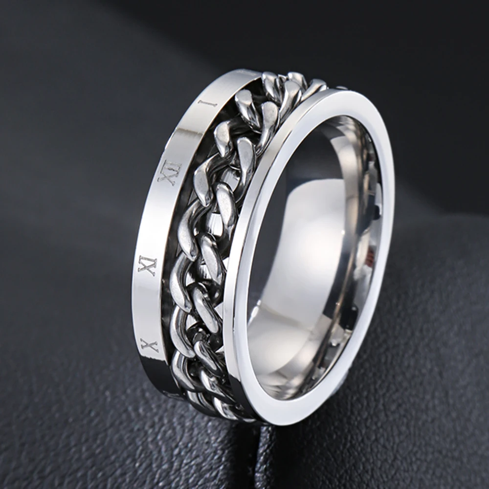

New Cool Stainless Steel Rotatable Couple Ring Roman Numerals Spinner Chain Rotable Rings for Women Man Punk Jewelry Party Gift