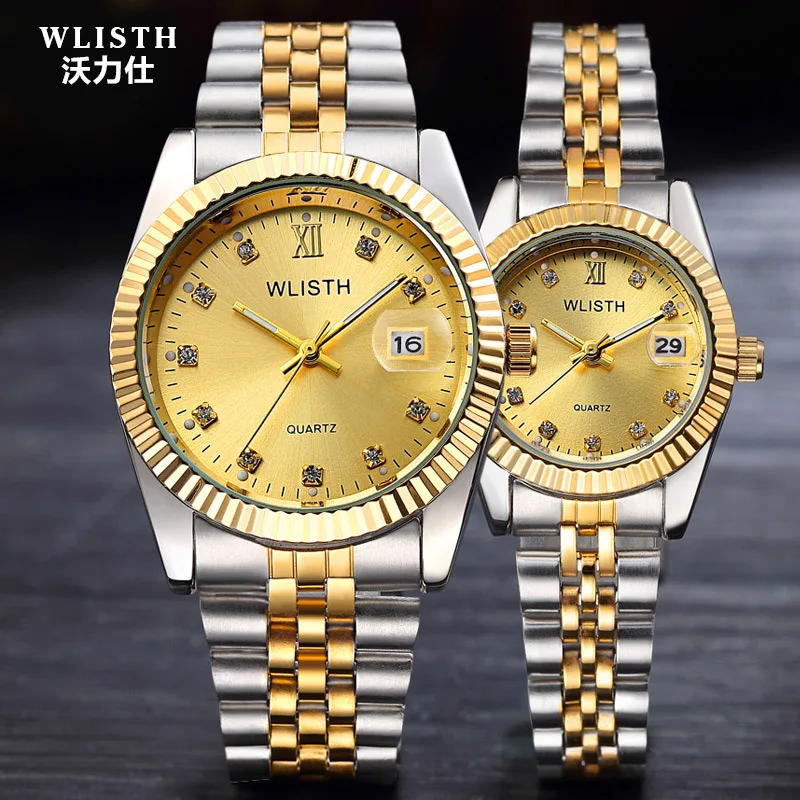 Wlisth Luxury Gold Watch Lady Men Lover Full Stainless Steel Quartz Waterproof Male Wristwatches For Man Analog Auto Date Clock