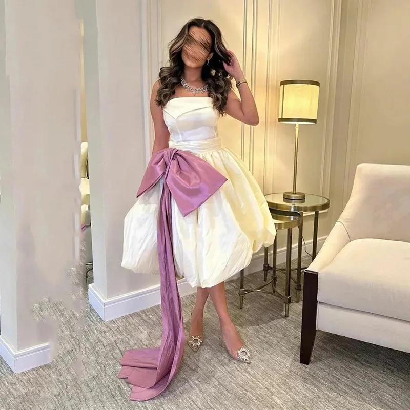 

Elegant Ivory Girls Evening Dresses Strapless Saudi Arabic Prom Gowns Tea Length Dubai Formal Occasion Dress With Pink Bows 2024