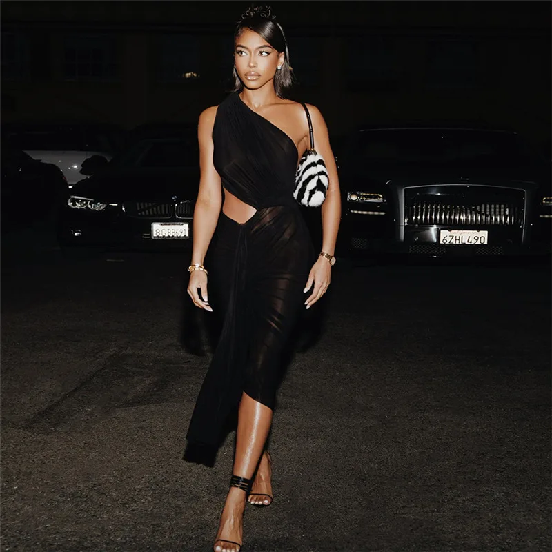 

Summer Back Slit Irregular Shape Skinny Midi Dress Women Sexy Inclined Shoulder Sleeveless Ribbon Solid Ruched Hollow Out Skirt