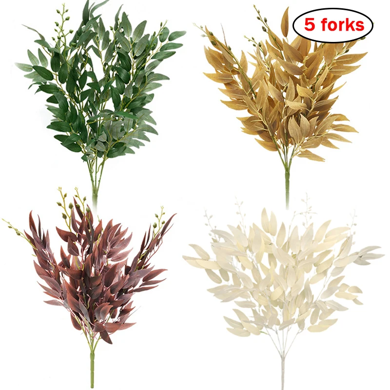 

5 Forks Artificial Willow Leaves Green White Fake Plants DIY Faux Bouquet Artificial Foliage for Home Wedding Forest Party Decor