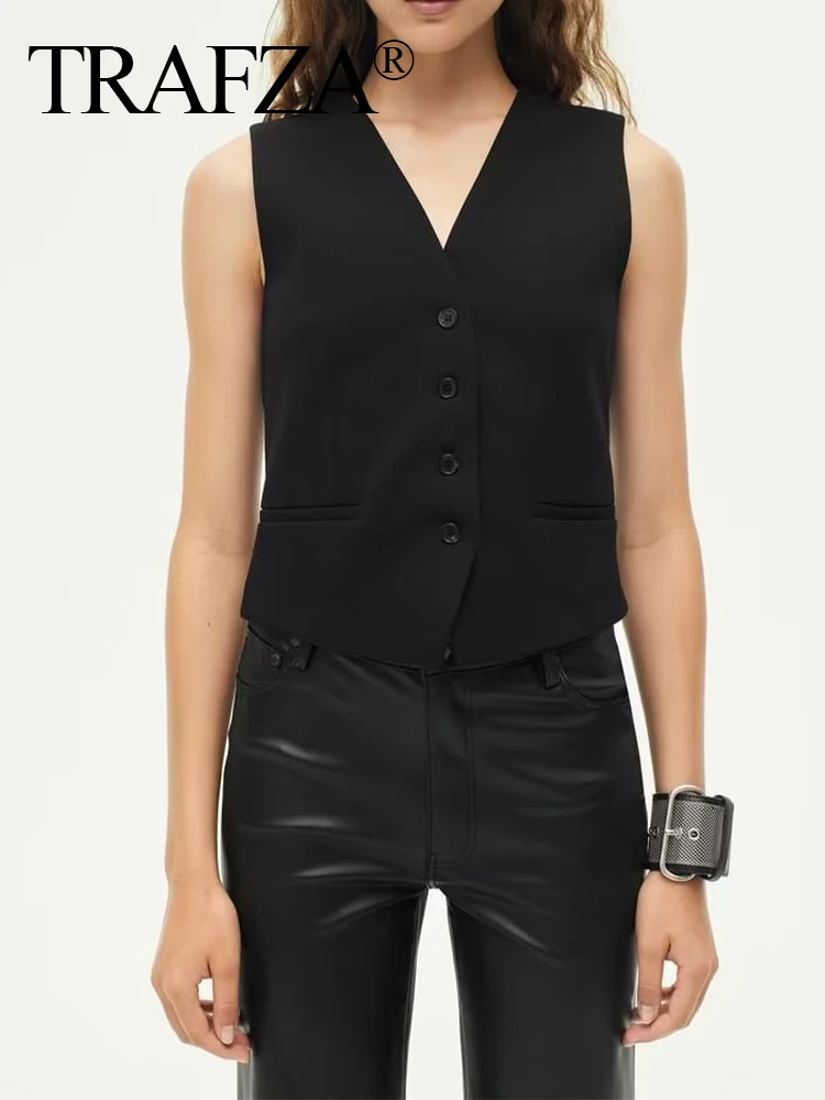 

TRAF ZA Woman Elegant Fashion Chic Stripe Vest Outerwear Female Black Single-breasted Cropped Waistcoat V Neck Sleeveless Vest