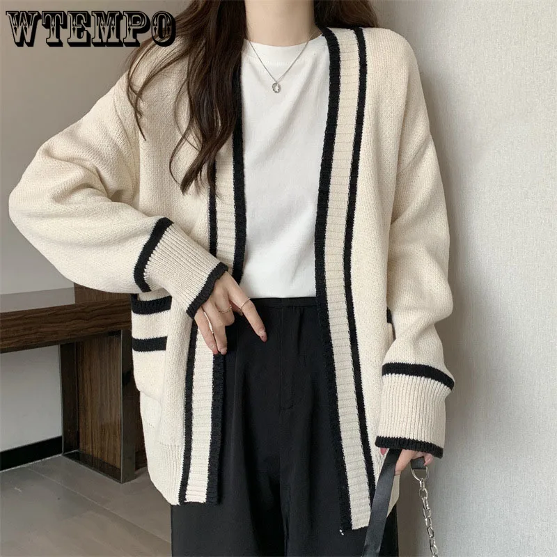 

WTEMPO Fall Winter Korean Loose Mid-length Knitted Cardigans Women Preppy Style Fashion New Casual Pockets Striped Sweater Coats