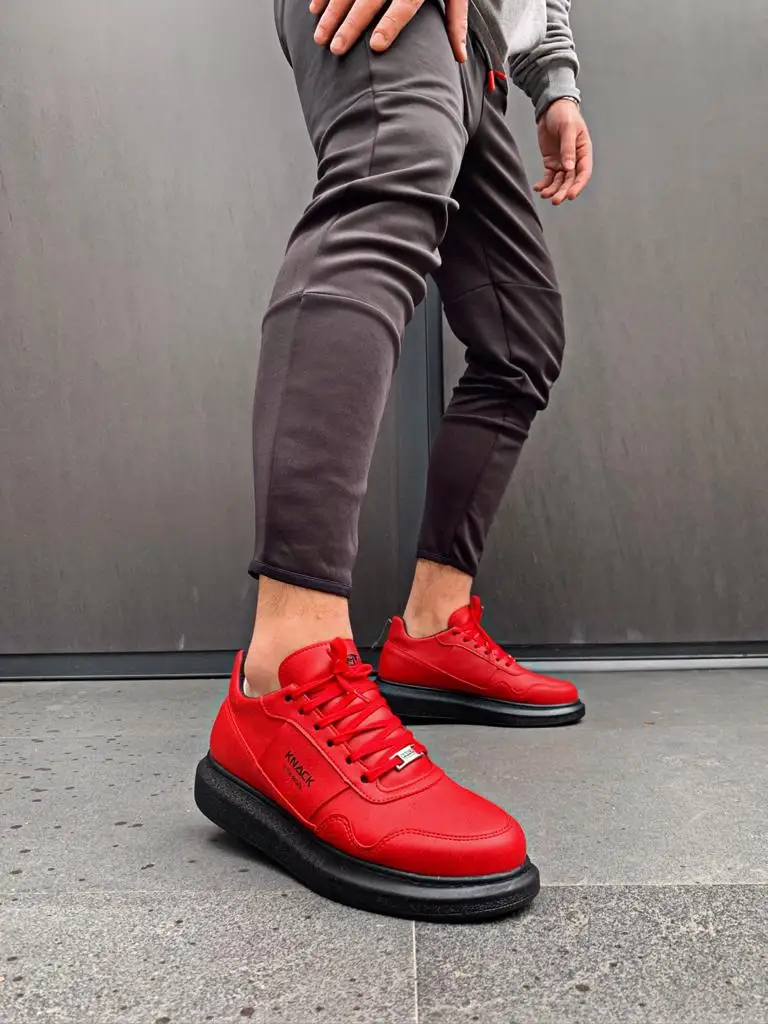

Knack Men's Casual Shoes Red (Black Sole) Autumn Season Faux Leather Covered High Stitched Sole Orthopedic Healthy Superior Quality Cold Resistant Buckle Detailed Perfect Stance Striking Color Airy Daily Sneakers 040