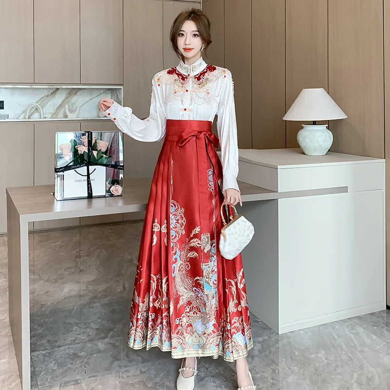 

Hanfu Horse-face Skirt Women Chinese Traditional Vintage Hanfu Pleats Skirt Bandage Sets 2023 Work Streetwear Pleated Faldas