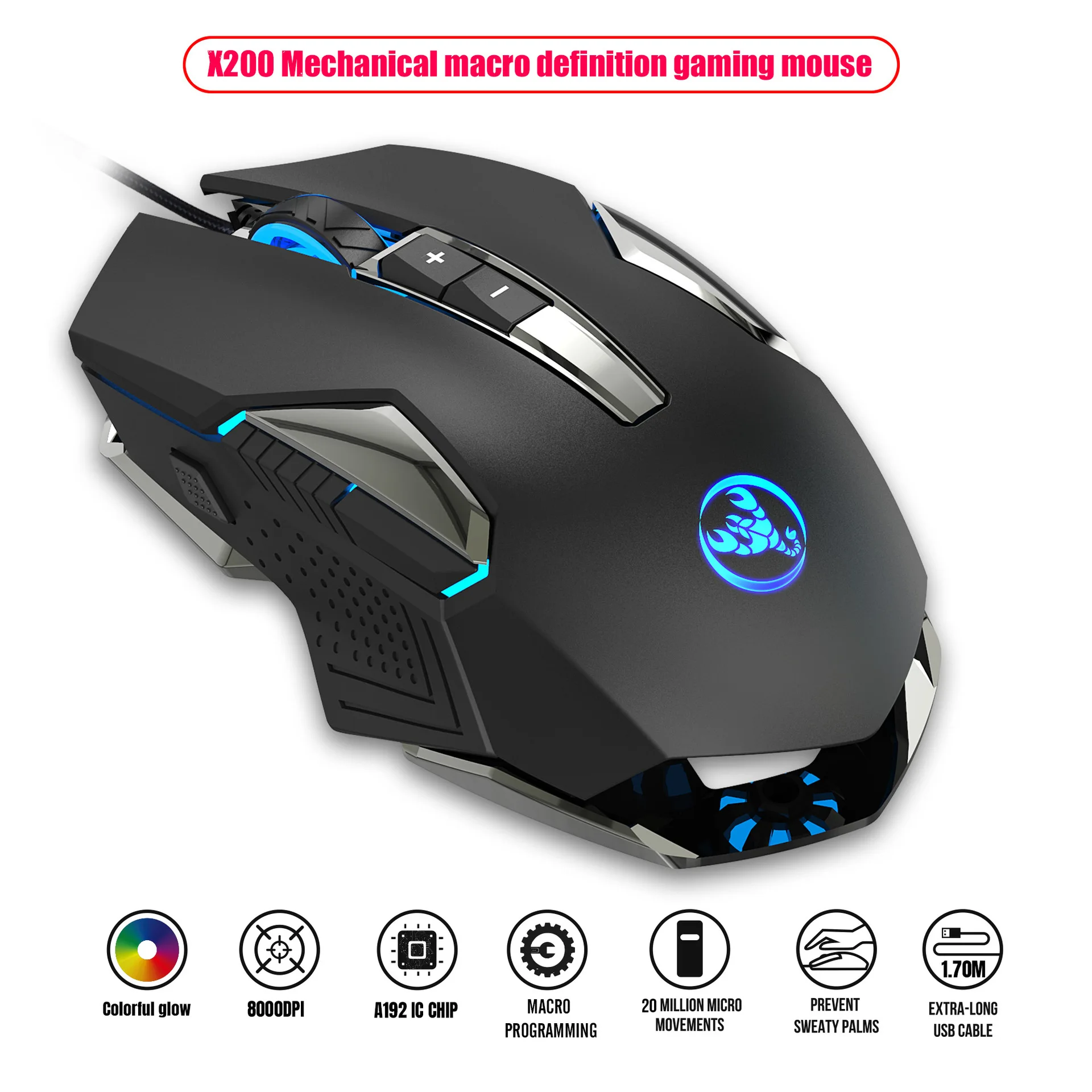 

8-key Wired Gaming Mouse Adjustable Six Gears Photoelectric Resolution 8000DPI Ergonomic Design Better Game Feeling